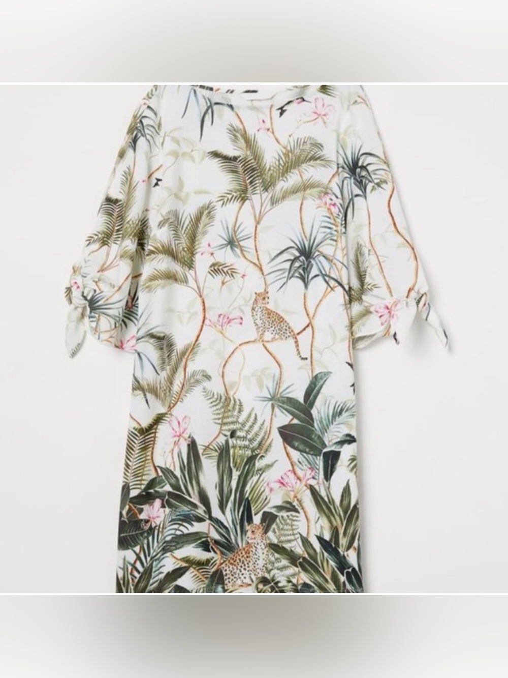 H&M Leaf Palm Floral Exotic Cheetah‎ Jungle Print Mini Dress w/ Tie Sleeve Sz 4